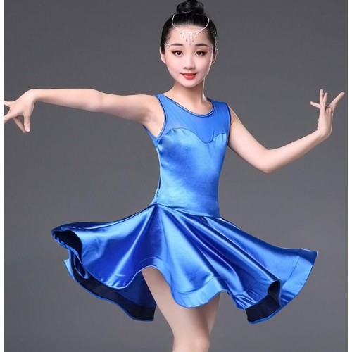 Kids latin dress for girls royal blue fuchsia pink blue satin stage performance ballroom salsa chacha dance dresses